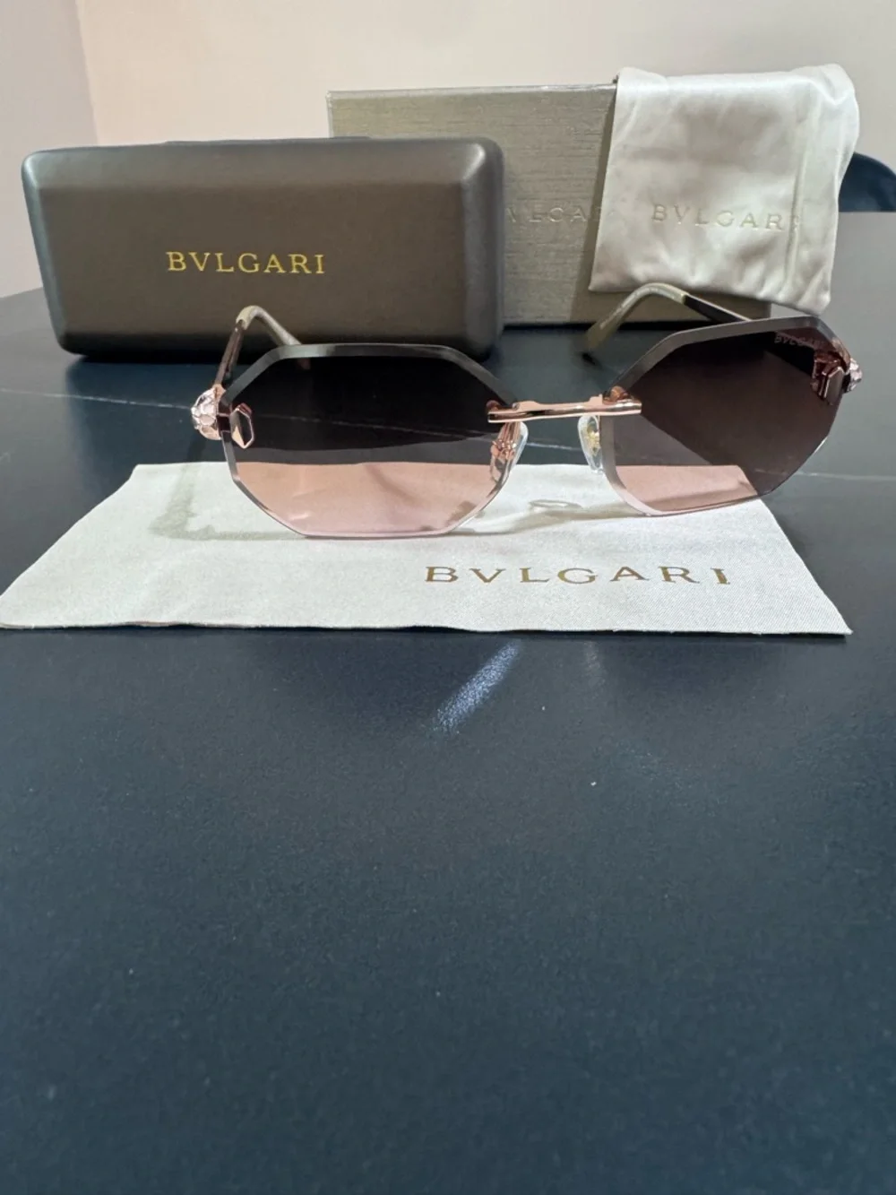 Bulgari Rose-Tint Octagonal Rimless Sunglasses - Picture 13 of 16